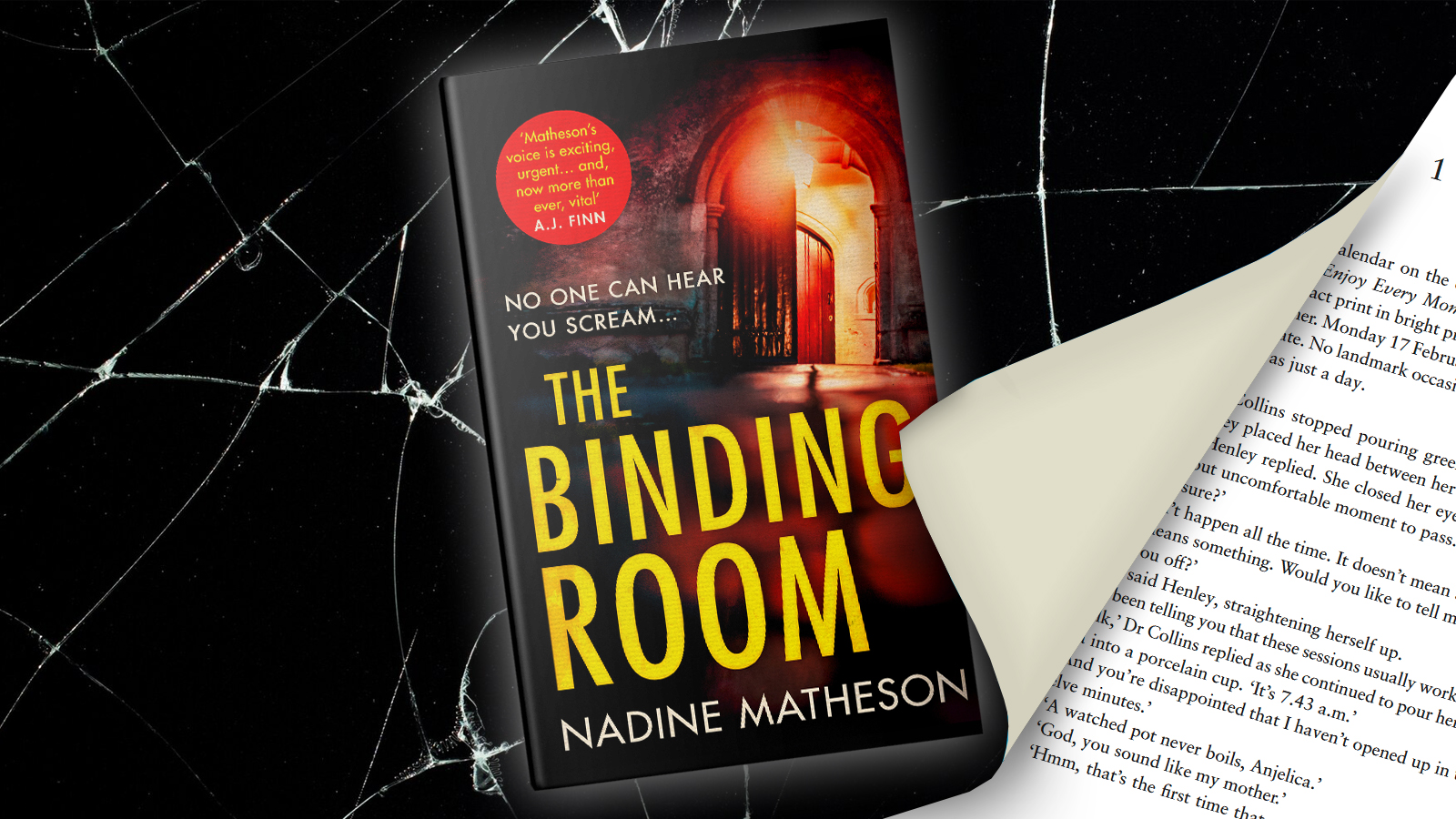 The hardback of the binding room sits on a black, smashed background