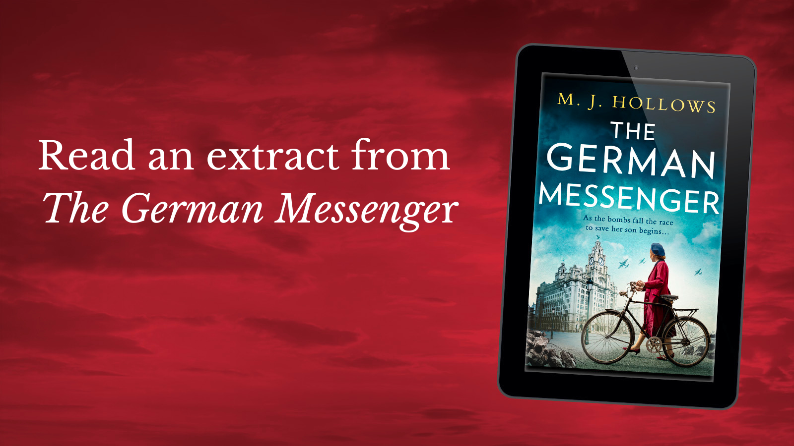 image shows the ebook cover of The German Messenger on a tablet. To the left is the text 'Read an extract from The German Messenger' on a dark red background.