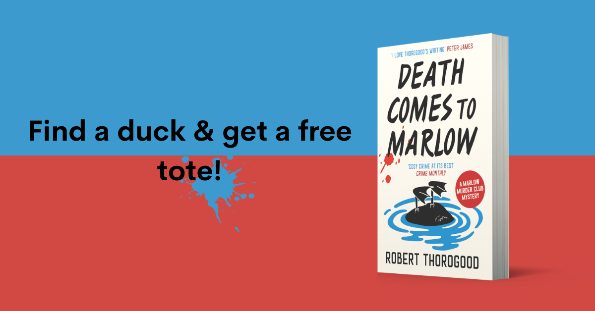 Image shows the paperback cover of Death Comes to Marlow. To the left is the text 'Find a duck and get a free tote!'
